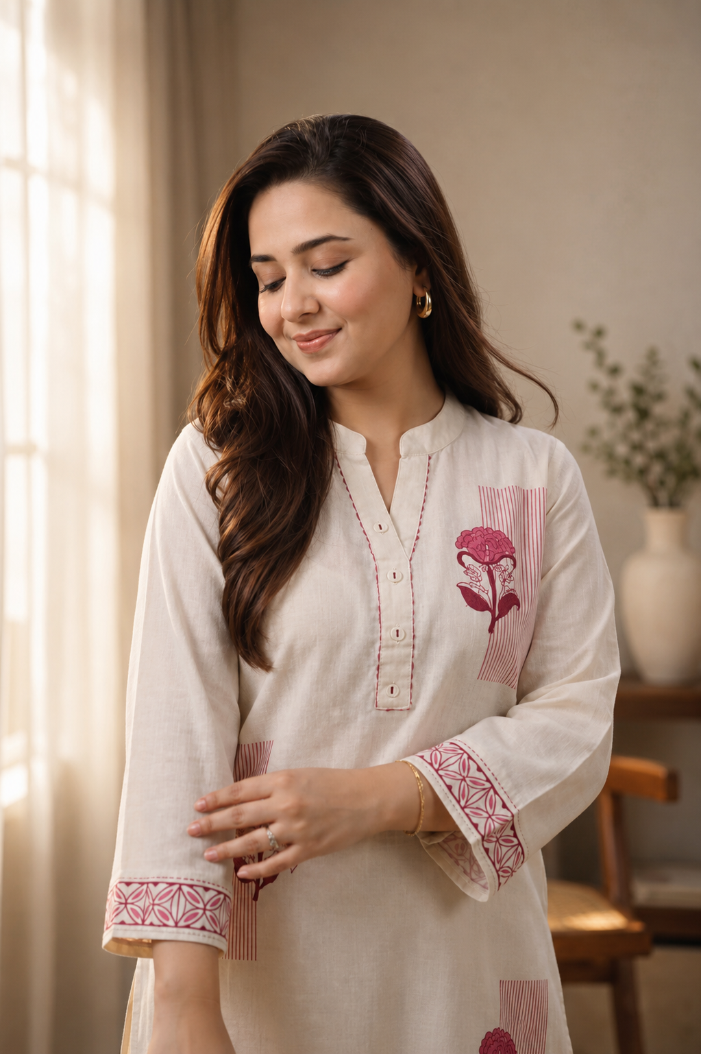 Cotton Flex Co-ord Set for Women – Maroon Floral Embroidered Kurti Pant Set