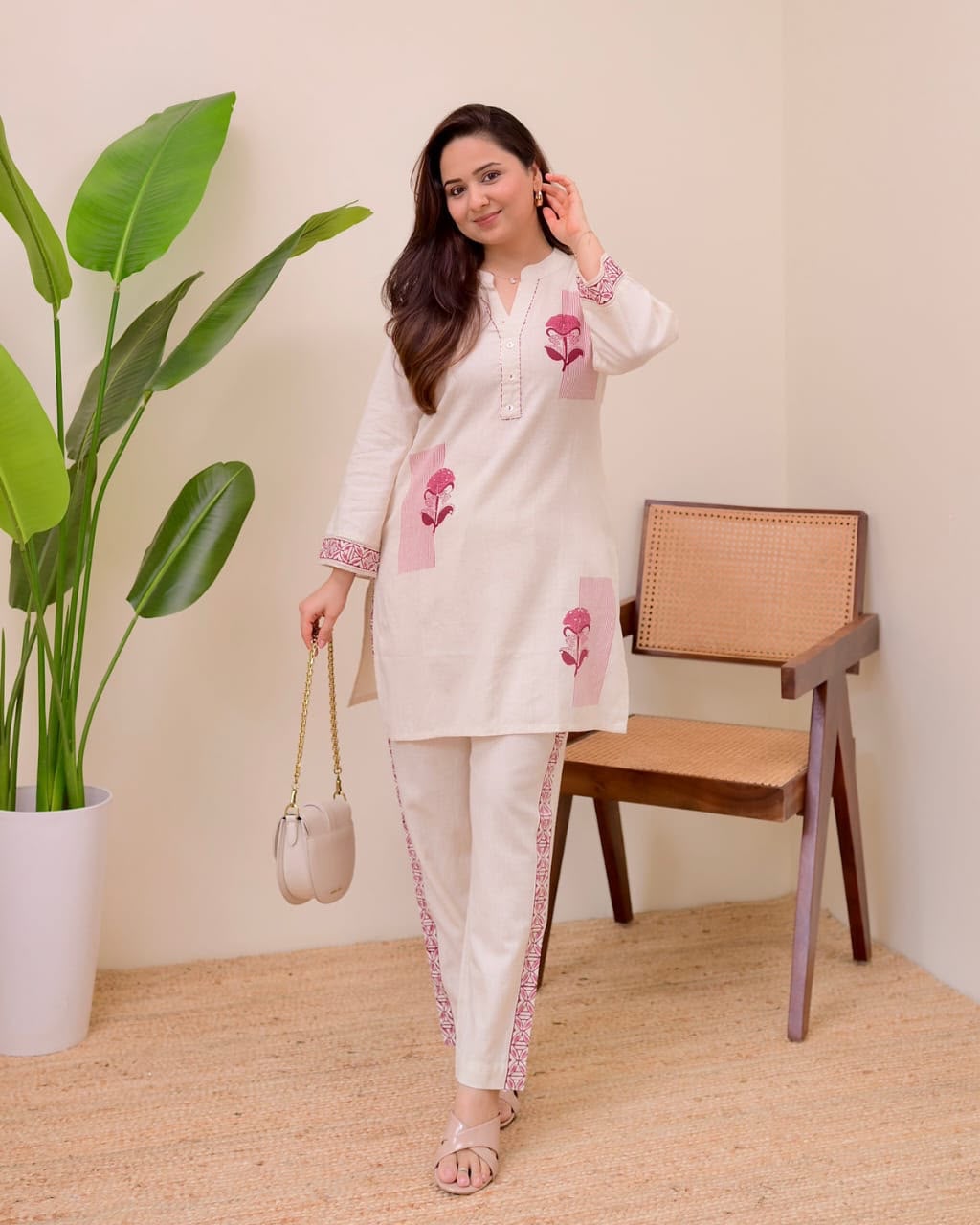 Cotton Flex Co-ord Set for Women – Maroon Floral Embroidered Kurti Pant Set