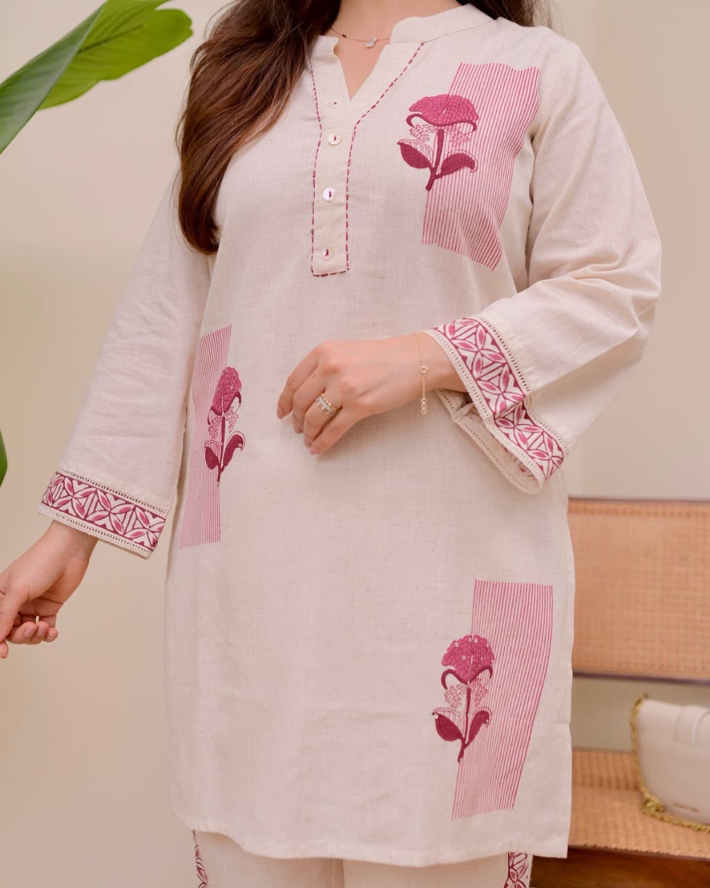 Cotton Flex Co-ord Set for Women – Maroon Floral Embroidered Kurti Pant Set