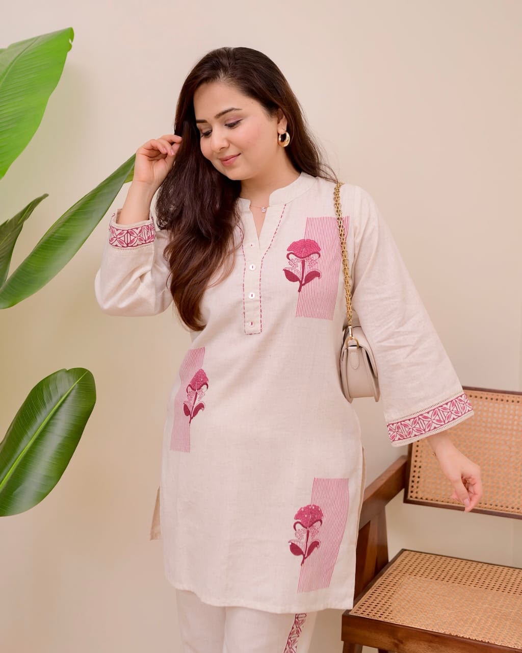 Cotton Flex Co-ord Set for Women – Maroon Floral Embroidered Kurti Pant Set
