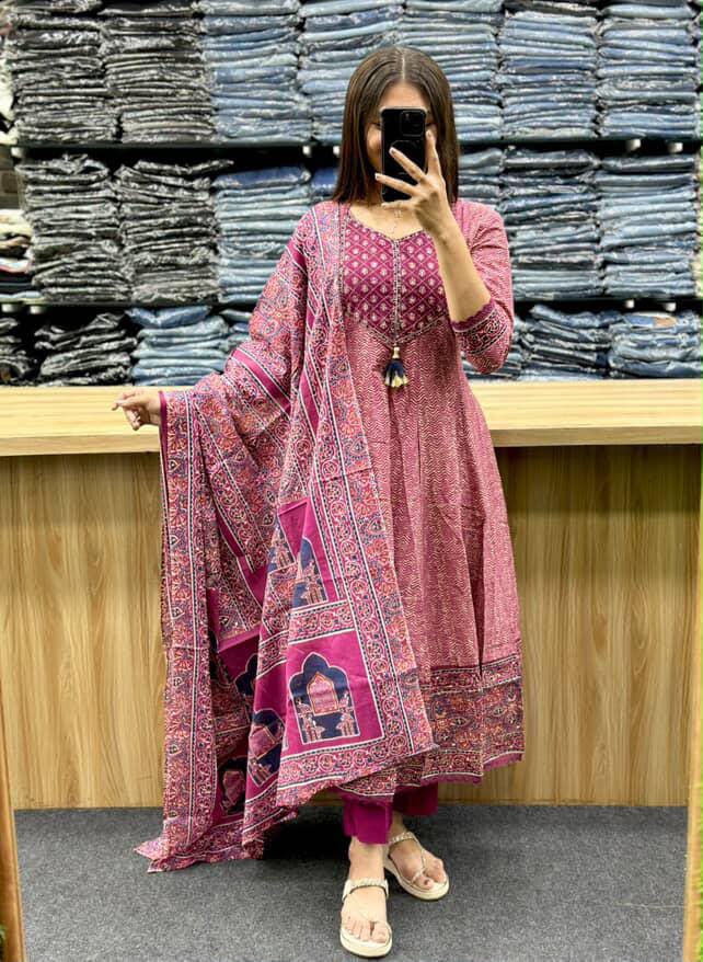 Printed Cotton Anarkali Kurti with Plaazo & Mulmul dupatta