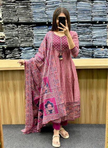 Printed Cotton Anarkali Kurti with Plaazo & Mulmul dupatta