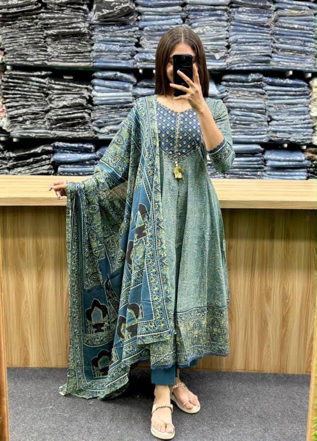 Printed Cotton Anarkali Kurti with Plaazo & Mulmul dupatta