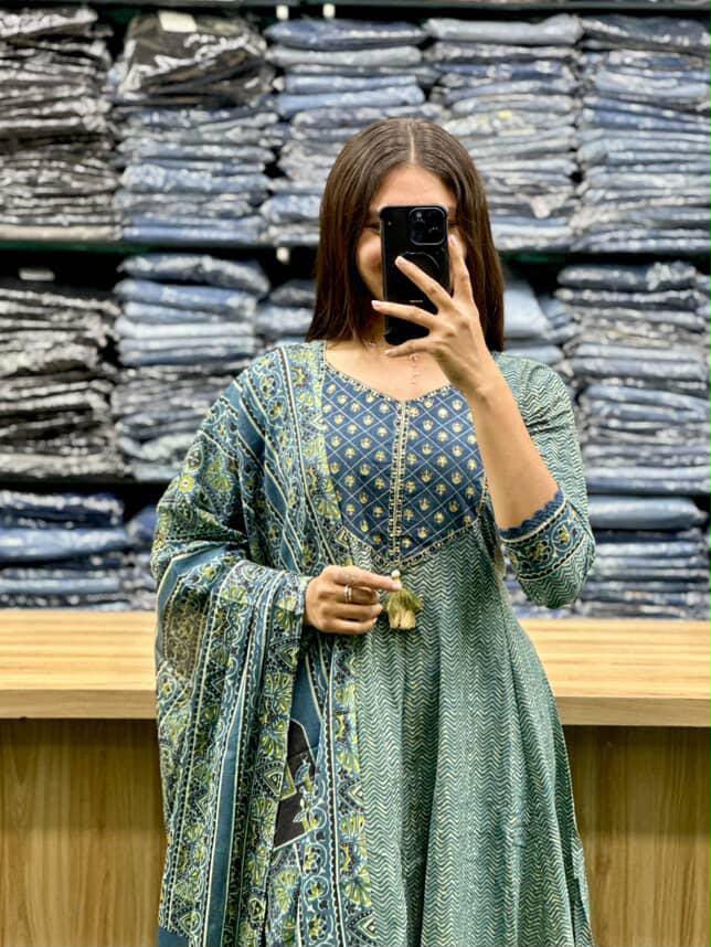 Printed Cotton Anarkali Kurti with Plaazo & Mulmul dupatta