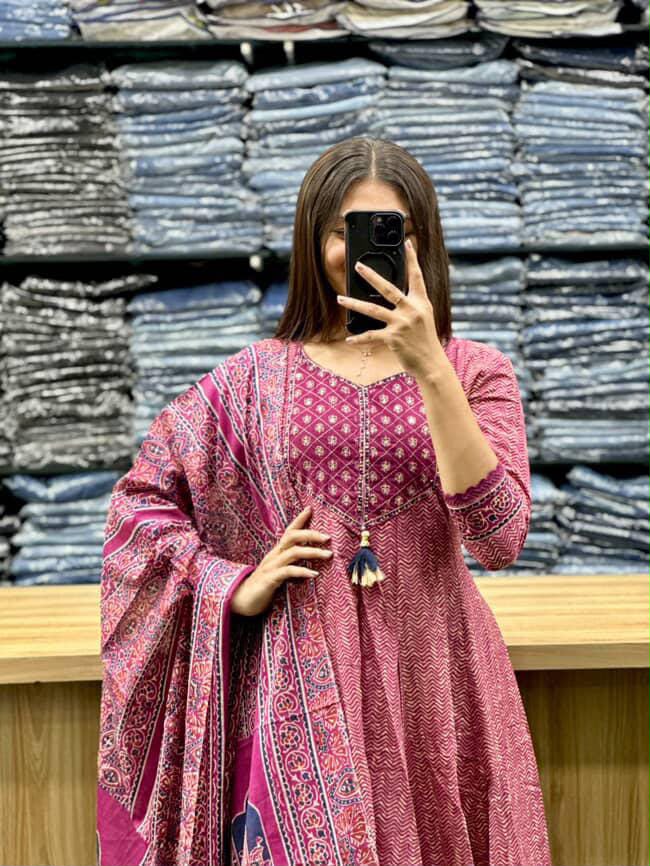 Printed Cotton Anarkali Kurti with Plaazo & Mulmul dupatta